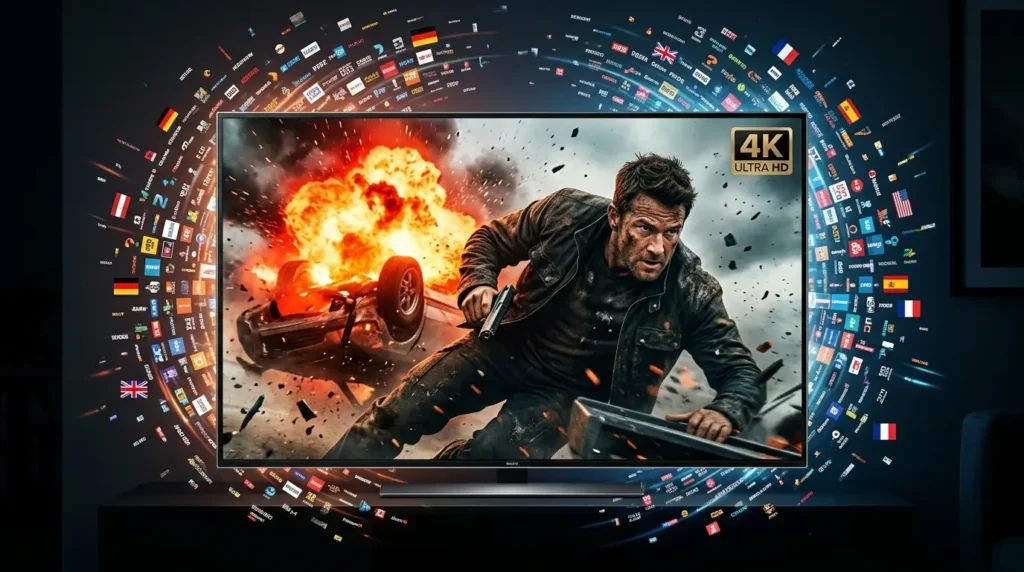 Ein Smart TV zeigt eine scharfe 4K-Action-Szene, umgeben von einem explodierenden Halo aus hunderten internationalen Senderlogos.