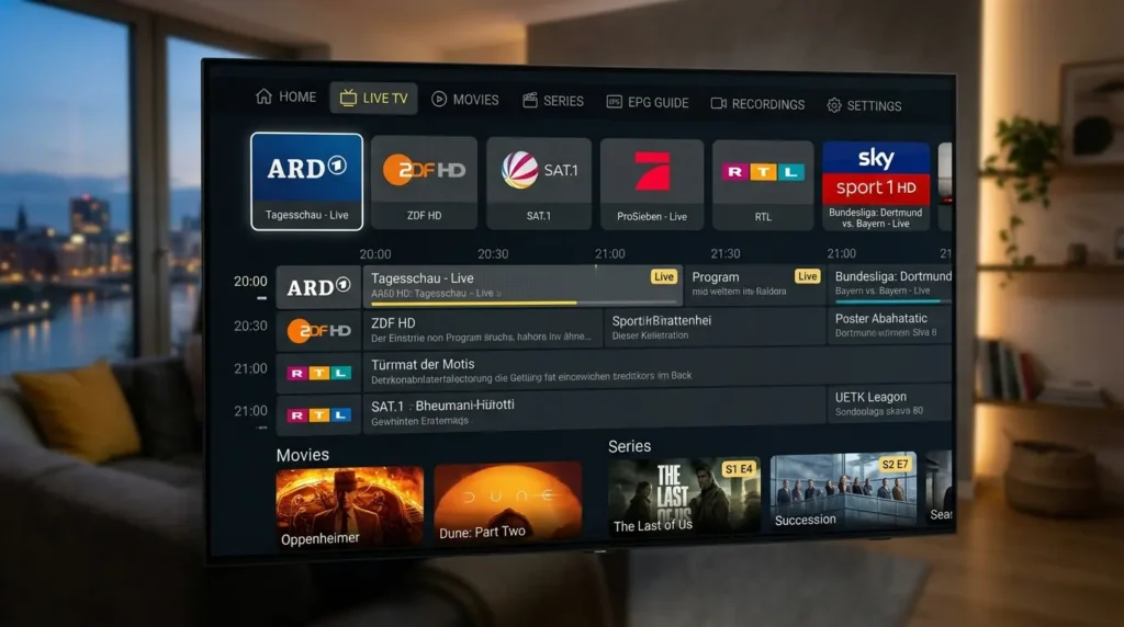 IPTV Smarters Benutzeroberfläche mit Live TV Filmen Serien und EPG Kategorien