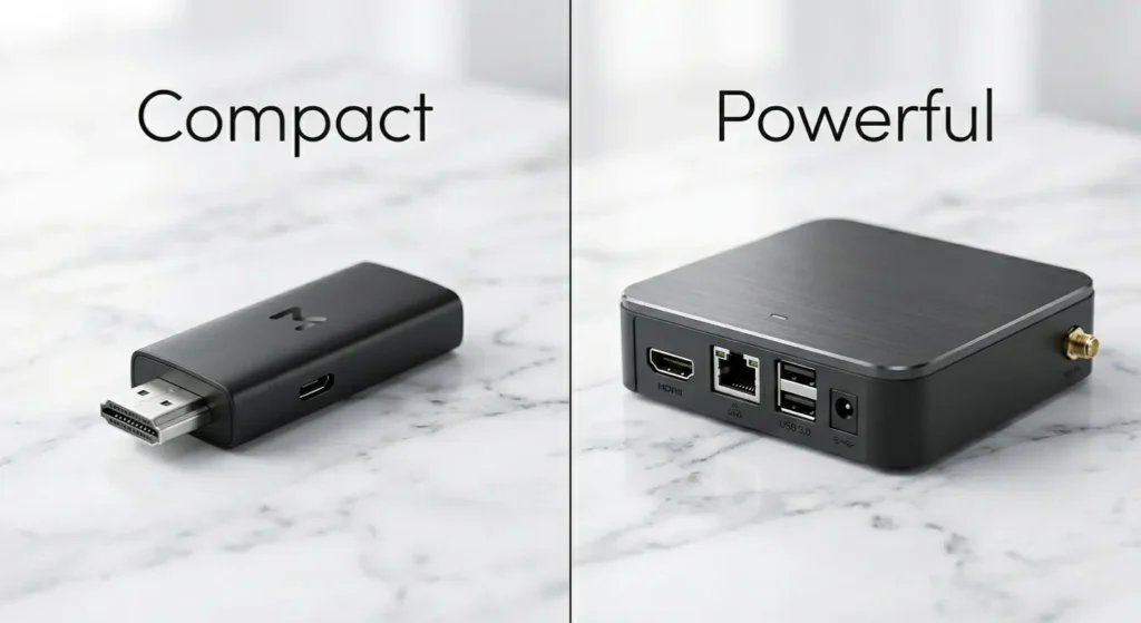 Ein Produktvergleich auf Marmor: Links ein kompakter IPTV Stick („Compact“) und rechts eine IPTV Box („Powerful“).