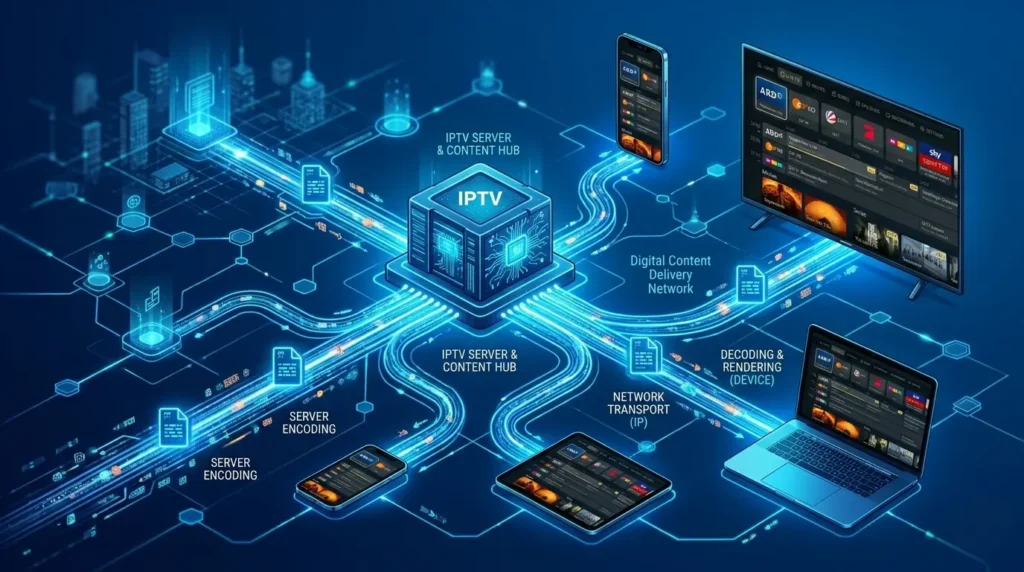 IPTV Streaming Konzept mit Verbindung vom Server zu Smart TV Smartphone Tablet und Laptop