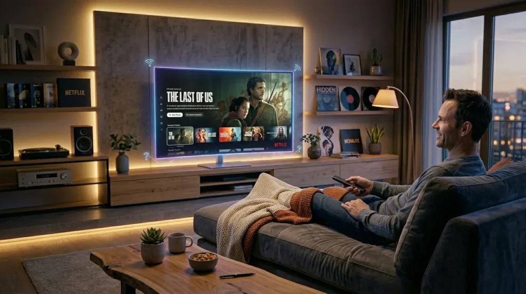 Person entspannt zuhause und schaut IPTV auf Smart TV