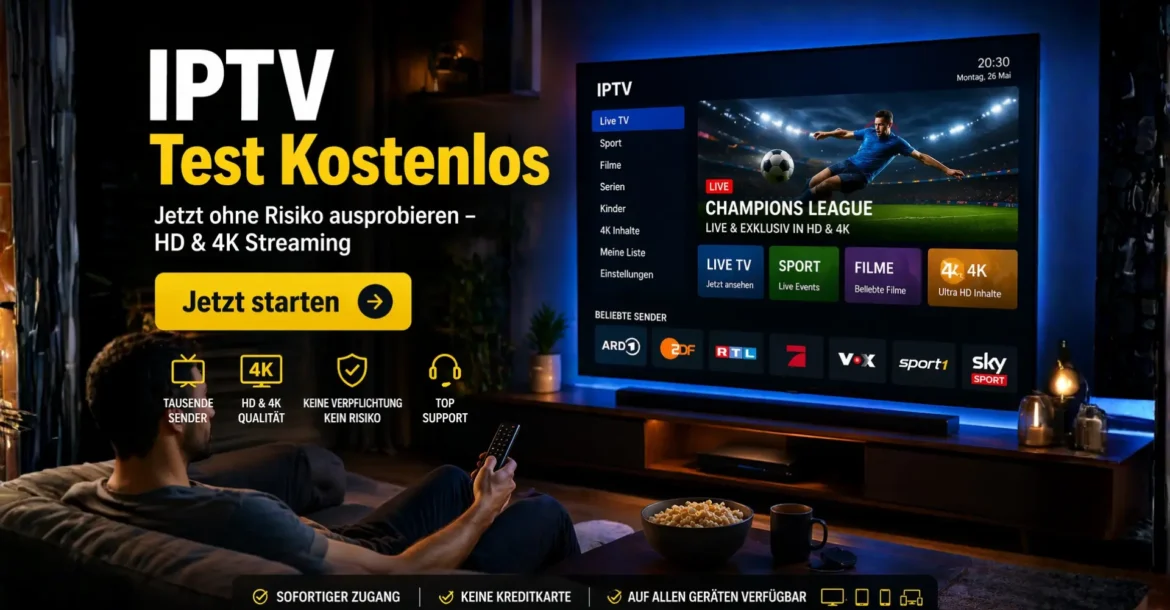 IPTV Test kostenlos 2026 auf Smart TV mit Live TV, Sport, Filme und 4K Streaming in modernem Wohnzimmer