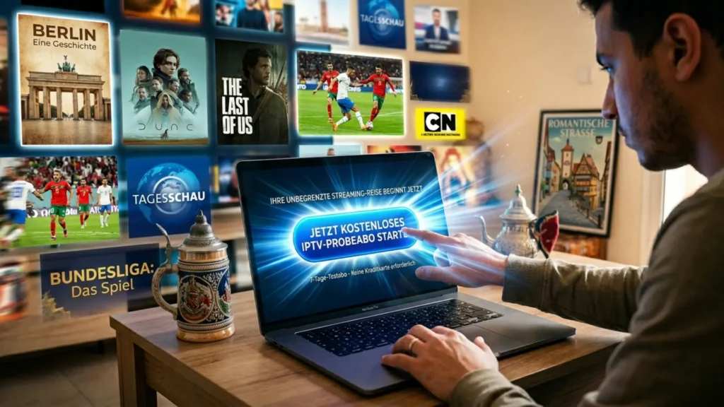IPTV Test kostenlos starten Button auf Laptop Bildschirm mit sofortigem Zugang