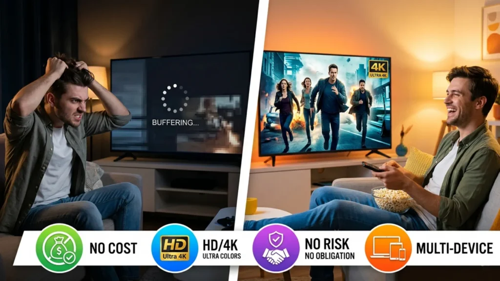 IPTV Test Vorteile mit stabilem HD Streaming ohne Buffering im Vergleich zu schlechtem Stream