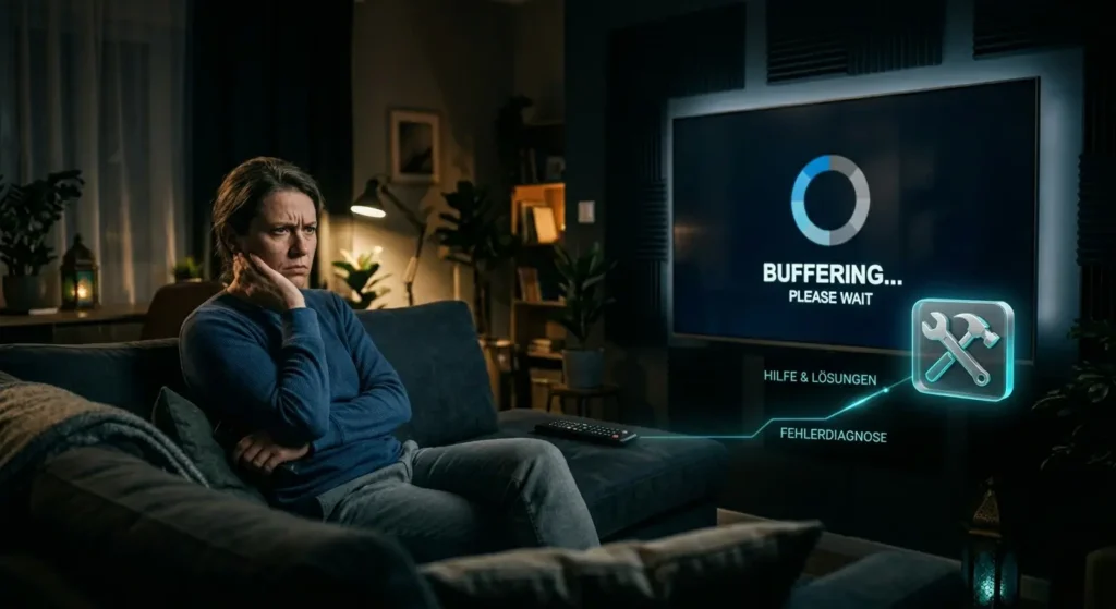 Eine frustrierte Person, die auf einem dunklen Sofa sitzt, eine Fernbedienung hält und auf einen TV-Bildschirm schaut, der einen kreisförmigen "Loading..."-Spinner anzeigt. Neben dem TV erscheint ein schwebendes "Wrench/Tools"-Icon als 3D-Digital-Overlay.