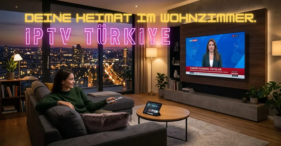 Eine Frau genießt IPTV Türkiye in einem modernen Wohnzimmer auf einem großen Smart-TV mit türkischen Nachrichten in HD.