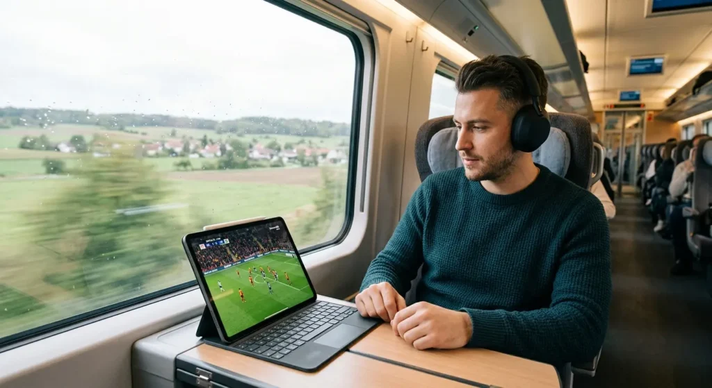 Ein Mann sitzt in einem Zug, trägt Kopfhörer und schaut ein Live-Fußballspiel auf einem Tablet mit Tastatur.