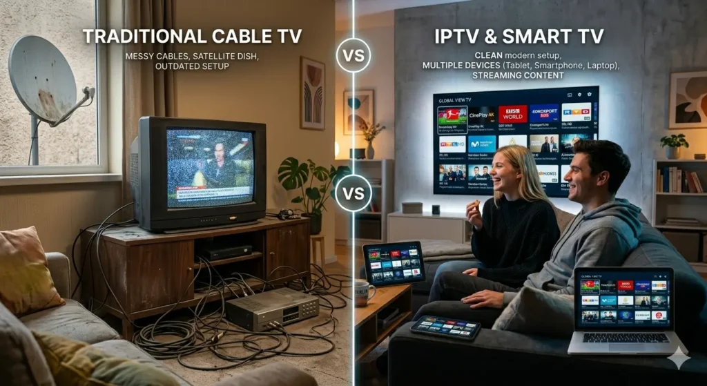 Vergleich IPTV Abonnement vs Kabel TV mit modernem Streaming Setup