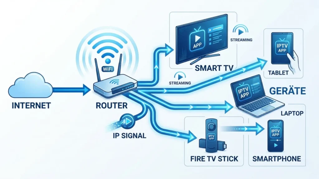 Infografik wie IPTV funktioniert – Internetverbindung vom Router zu Smart TV, Smartphone und Laptop mit IPTV App