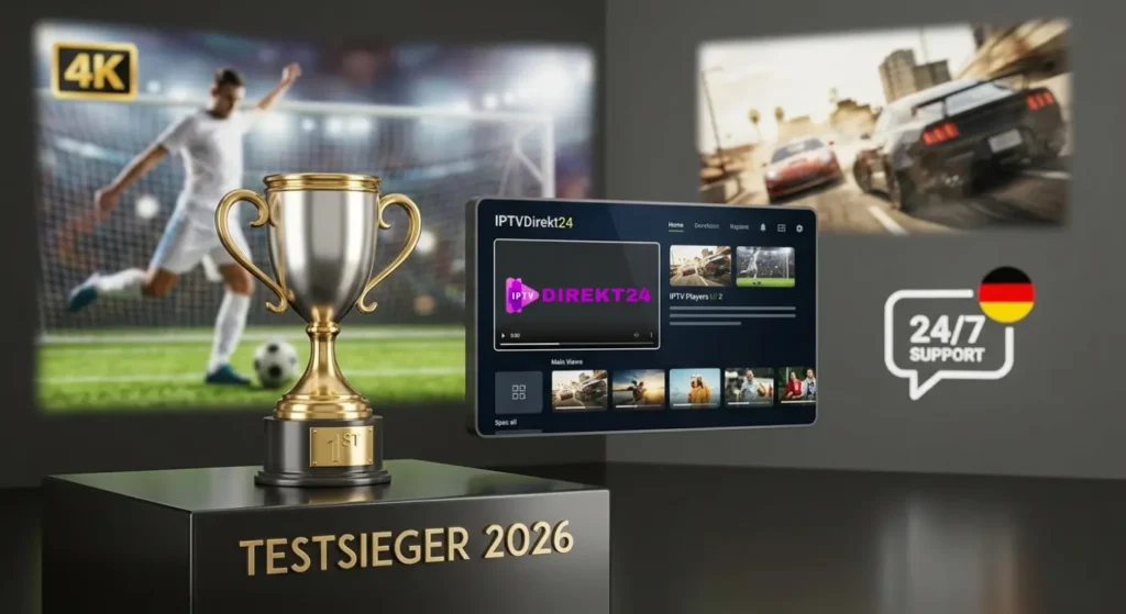 Ein gold-silberner Premium-Pokal neben einem digitalen Interface mit der Aufschrift "IPTVDirekt24". Der Hintergrund zeigt ein Montage-Bild von Fußball in 4K, einem Kinofilm und einer 24/7 Support-Chatblase mit deutscher Flagge. Der Text "TESTSIEGER 2026" ist eingeprägt. Der Text "IPTV Anbieter Deutschland" ist subtil in das Gesamtlayout integriert.