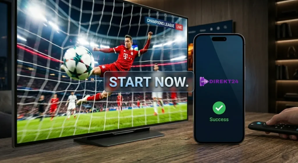 Eine kontrastreiche Nahaufnahme, die einen bewegungsunscharfen TV-Bildschirm eines Champions-League-Tors mit einem scharfen Smartphone kombiniert, das das "IPTVdirekt24"-Logo, ein Erfolgszeichen und den Text "JETZT STARTEN." zeigt.