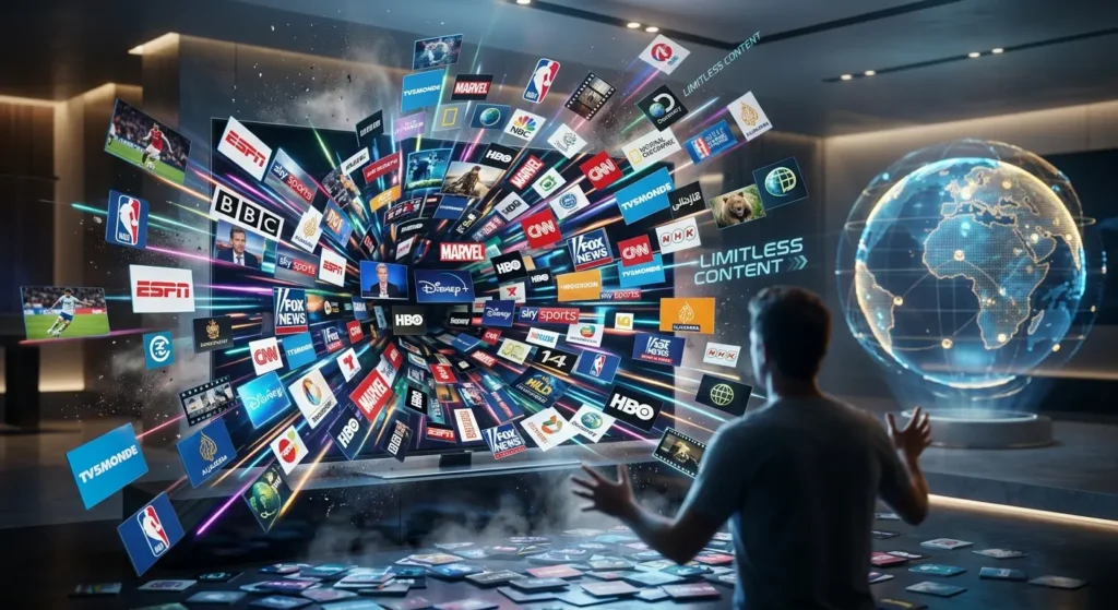 Eine digitale Explosion von Senderlogos und Filmen, die aus einem Fernseher mit IPTV Stick strömen