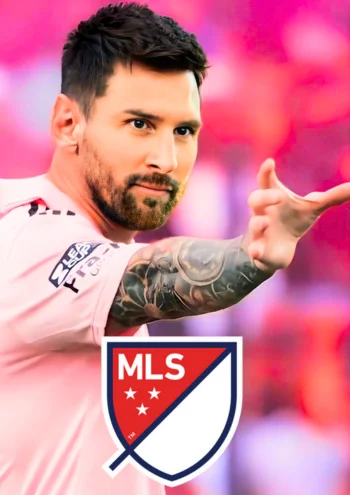 Lionel Messi im rosa Inter-Miami-Trikot streckt die Hand aus; unten ist das MLS-Logo zu sehen.