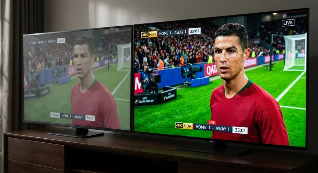 Vorher-Nachher-Vergleich eines Fußballspiels in Standardqualität gegenüber den lebendigen Farben und dem hohen Kontrast von IPTV 4k.