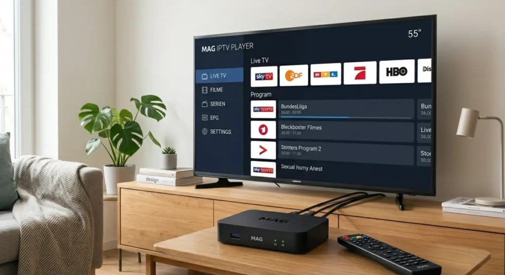MAG IPTV Receiver Box mit Fernbedienung im Wohnzimmer