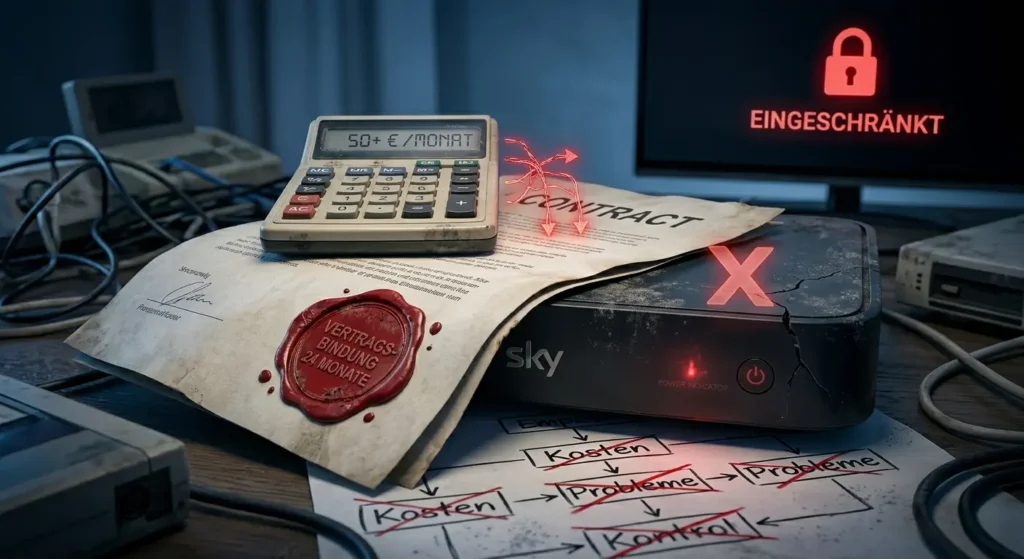 Ein moody Close-up einer eingestaubten Sky Q Box in einem dunklen Regal, bedeckt von einem Papiervertrag mit rotem Siegel und einem Taschenrechner.