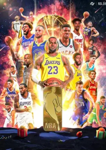 Eine lebendige, feurige Collage von NBA-Stars wie LeBron James, Steph Curry und Giannis Antetokounmpo um das NBA-Logo.