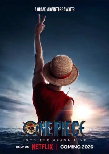 Rückenansicht von Monkey D. Luffy mit seinem markanten Strohhut, der den Arm mit einem Peace-Zeichen in den Himmel streckt, während er auf das Meer blickt.