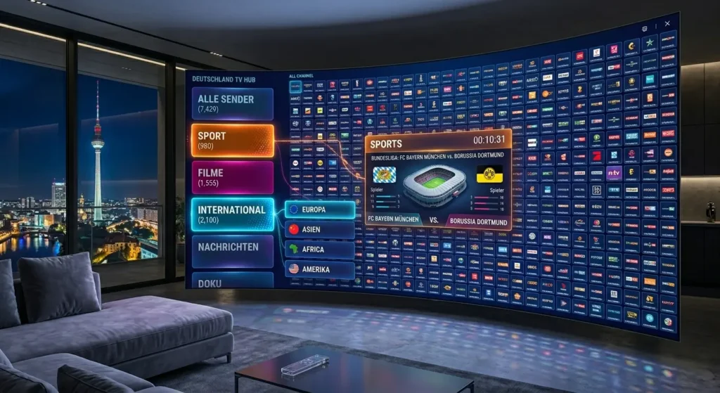 Ein futuristisches IPTV-Dashboard mit Tausenden von Kanälen, Kategorien für Sport, Filme und internationale Sender.