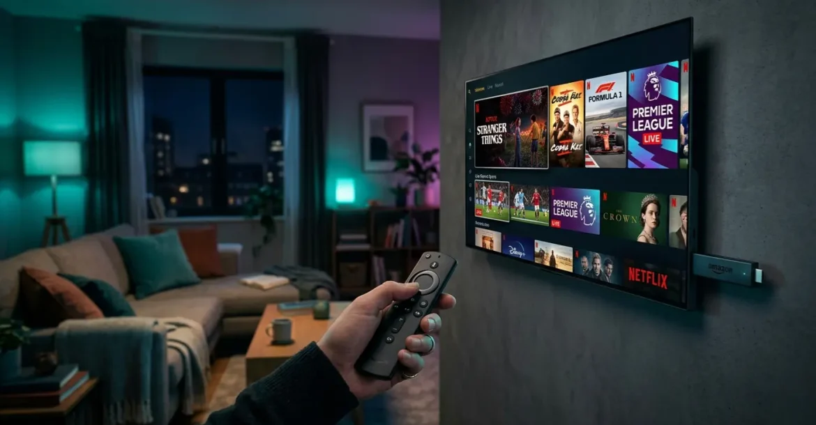 Ein kinoreifer High-Angle-Shot eines modernen Wohnzimmers bei Nacht mit einem IPTV Stick am Fernseher und Netflix-ähnlichem Interface.