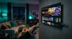 Ein kinoreifer High-Angle-Shot eines modernen Wohnzimmers bei Nacht mit einem IPTV Stick am Fernseher und Netflix-ähnlichem Interface.