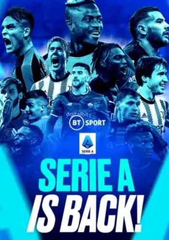 Eine blau getönte Collage von Serie A Fußballstars, darunter Lautaro Martínez und Dušan Vlahović, mit dem Text „SERIE A IS BACK!“.