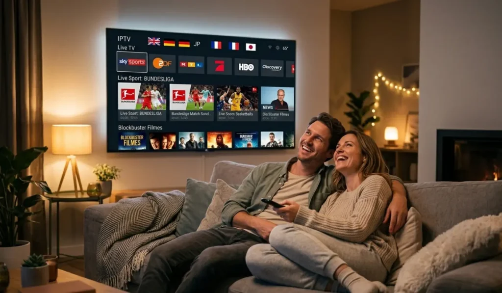 Setting IPTV erfolgreich – Person genießt IPTV auf Smart TV nach erfolgreicher Einrichtung