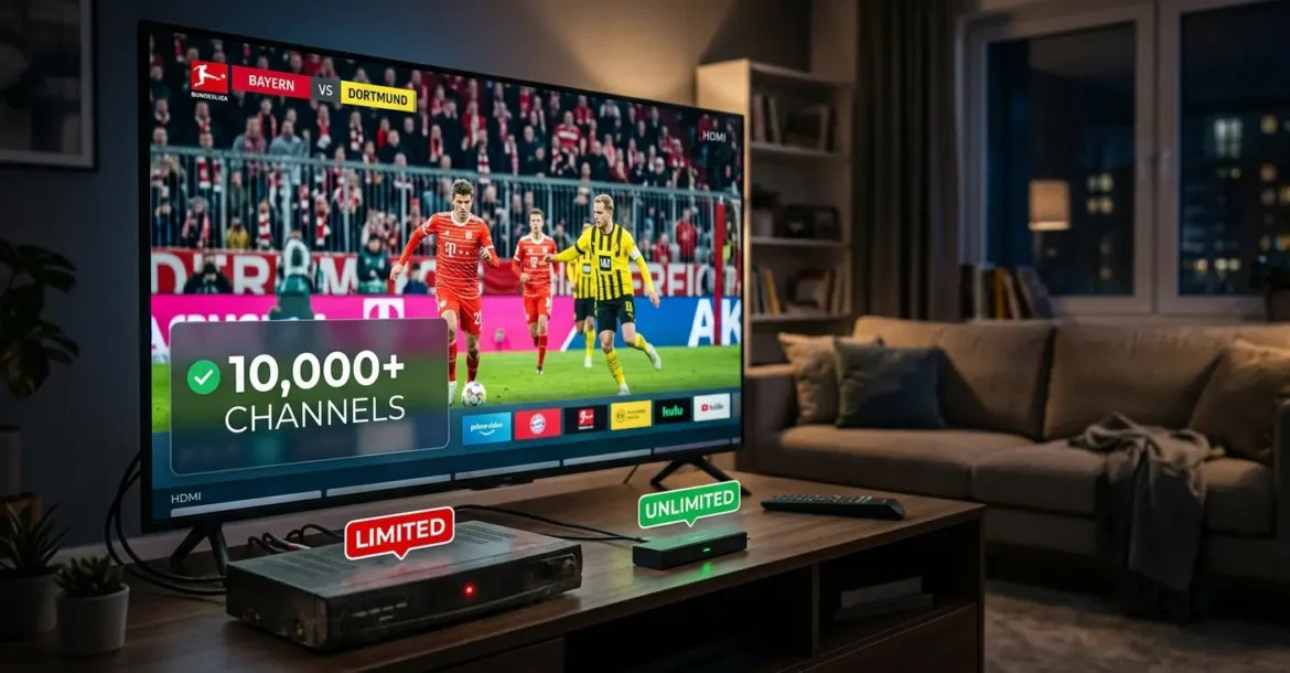 Moderner 4K Fernseher zeigt ein IPTV-Menü mit über 10.000 Sendern im Vergleich zu einer Sky Q IPTV Box und einem alten Receiver.