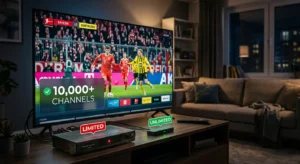 Moderner 4K Fernseher zeigt ein IPTV-Menü mit über 10.000 Sendern im Vergleich zu einer Sky Q IPTV Box und einem alten Receiver.