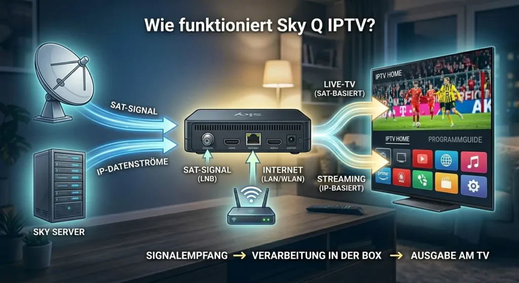Eine technische Infografik, die zeigt, wie die Sky Q Box Satelliten-Signale (Live-TV) und Internet-Daten (Streaming) empfängt und am Fernseher ausgibt.