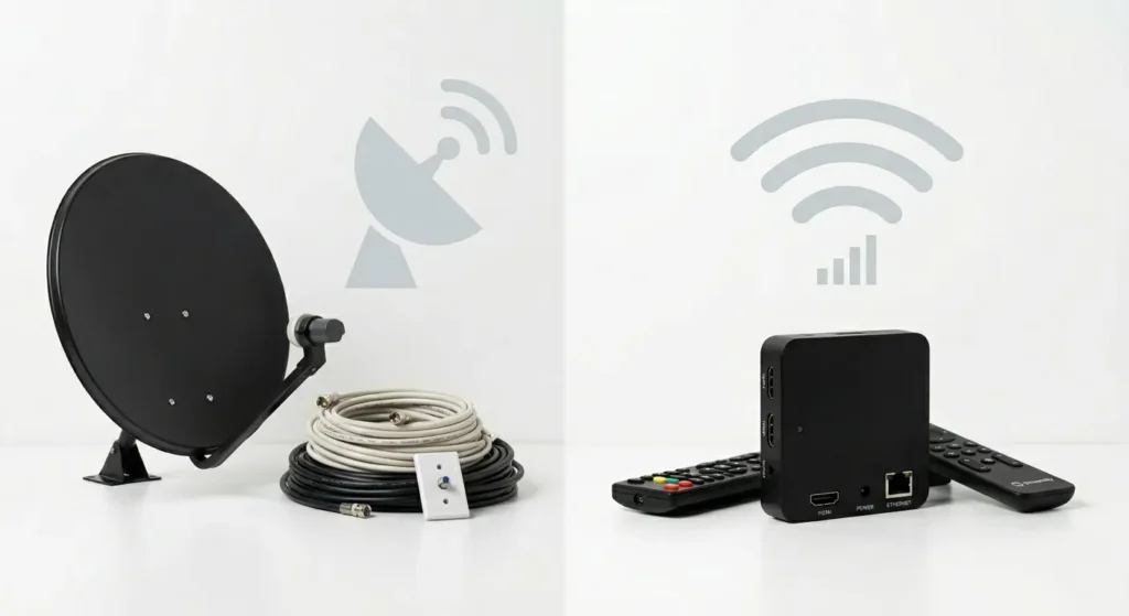 Ein direkter Vergleich zwischen einem klobigen Sat-Receiver links und einer minimalistischen IPTV-Box rechts auf weißem Hintergrund.