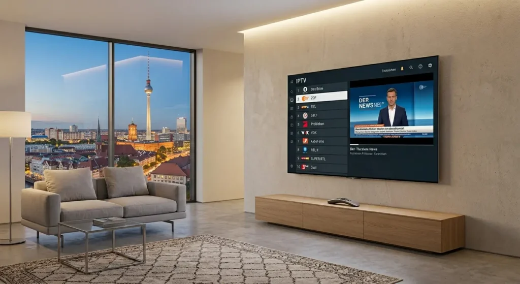 Smart TV mit IPTV App und Senderliste auf dem Bildschirm