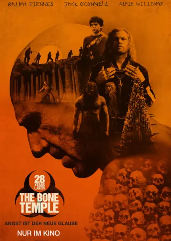 Ein düsteres, orangefarbenes Poster mit einer Silhouette eines Kopfes, in der verschiedene bedrohliche Gestalten und Krieger zu sehen sind; unten rechts ein Haufen Totenköpfe.