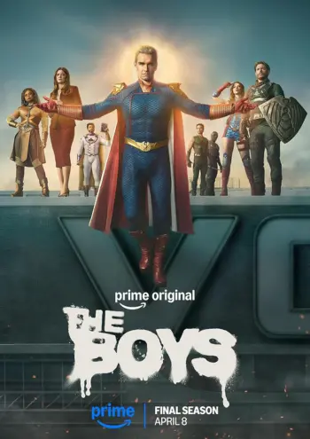Ein Werbeposter für die finale Staffel von „The Boys“, das Homelander mit einem leuchtenden Heiligenschein im Zentrum zeigt, umgeben von anderen Supes auf einem Hoteldach.
