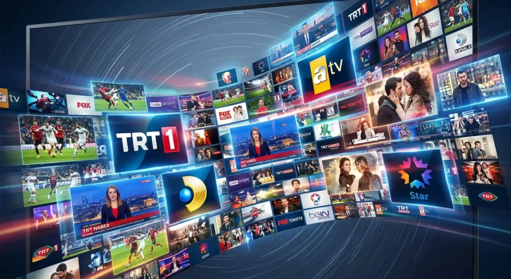 Eine digitale Collage aus Logos bekannter türkischer Sender wie TRT 1, ATV, Kanal D und Star TV sowie Vorschaubilder von Sport und Serien.