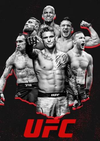 Eine Schwarz-Weiß-Collage von UFC-Kämpfern wie Dustin Poirier und Conor McGregor mit rotem Leuchteffekt und dem UFC-Logo.