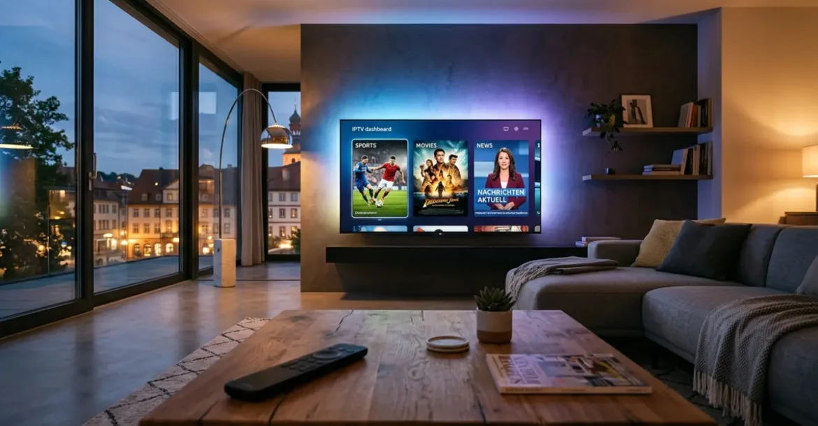 Ein modernes Wohnzimmer in Deutschland mit einem großen 4K OLED Fernseher, der ein up iptv Dashboard mit Sport und Filmen zeigt.