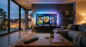 Ein modernes Wohnzimmer in Deutschland mit einem großen 4K OLED Fernseher, der ein up iptv Dashboard mit Sport und Filmen zeigt.