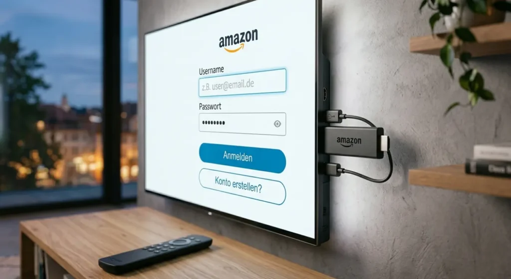 Nahaufnahme eines Amazon Fire TV Sticks, der an einen Fernseher angeschlossen ist und eine IPTV-Login-Maske zeigt.