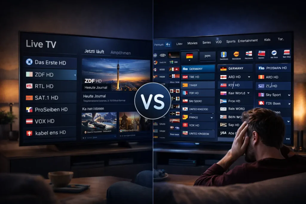 Split-Screen-Vergleich: Links eine begrenzte Senderauswahl, rechts eine massive globale IPTV-Liste.