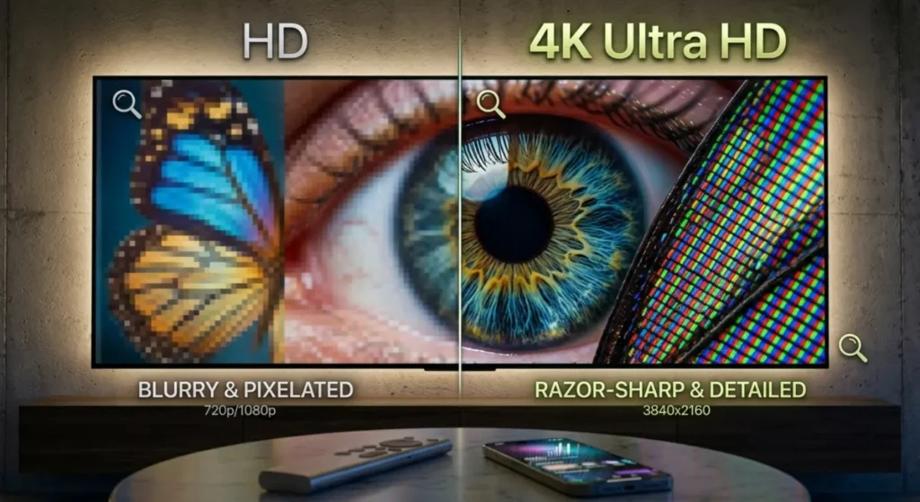 Split-Screen Makro-Aufnahme, die links eine verschwommene HD-Auflösung und rechts die scharfe, detailreiche IPTV 4k Auflösung zeigt.