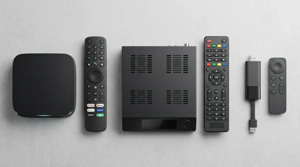 Draufsicht auf die beste Hardware für IPTV für Receiver: Vergleich zwischen einer Android TV Box, einem Linux Enigma2 Receiver und einem Streaming Stick, jeweils mit passender Fernbedienung.