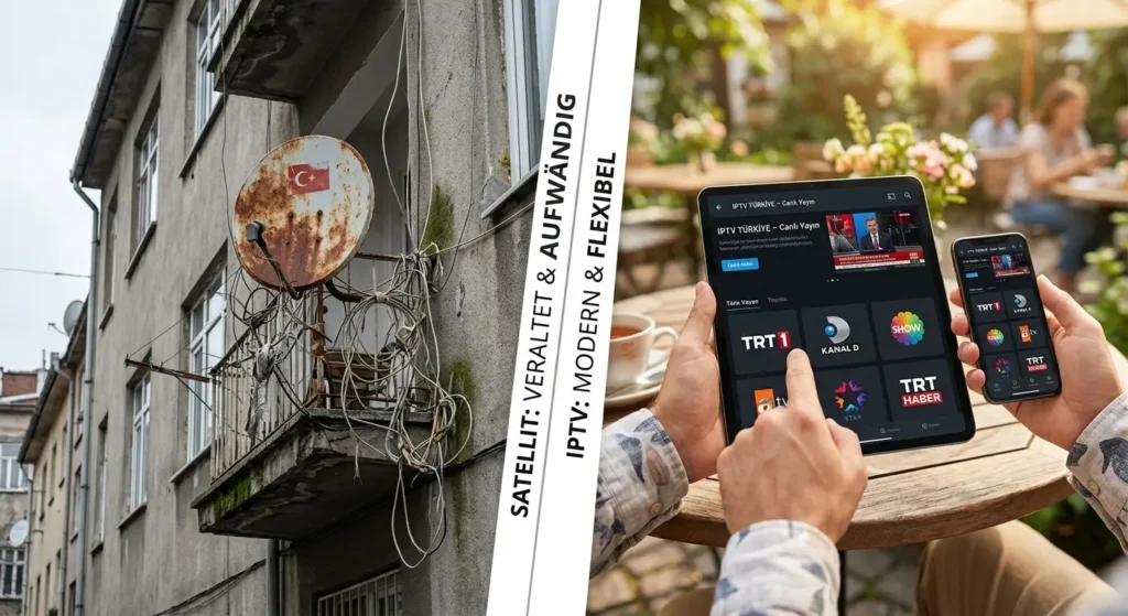 Split-Screen-Vergleich: Links eine veraltete, rostige Satellitenschüssel an einer Hauswand, rechts ein modernes Tablet mit einer IPTV-App und türkischen Sendern.