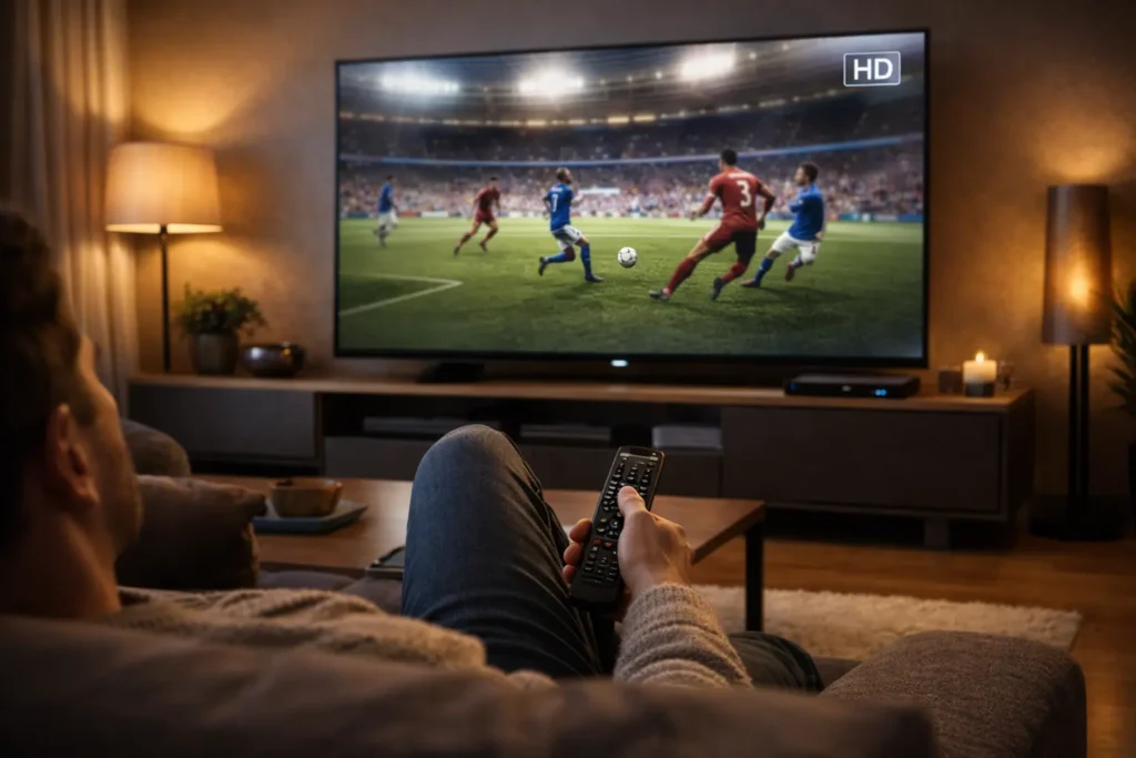 Eine entspannte Person sitzt auf einer Couch und schaut mit einer Fernbedienung in der Hand HD-Inhalte auf einem modernen Fernseher.