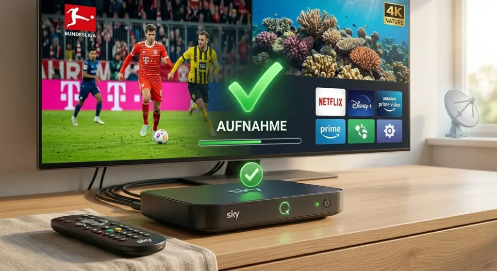 Ein Premium-Close-up einer sauberen Sky Q Box mit grünem Licht und Fernbedienung. Der TV im Hintergrund zeigt eine Collage aus Live-Fußball, 4K-Inhalten und App-Logos.