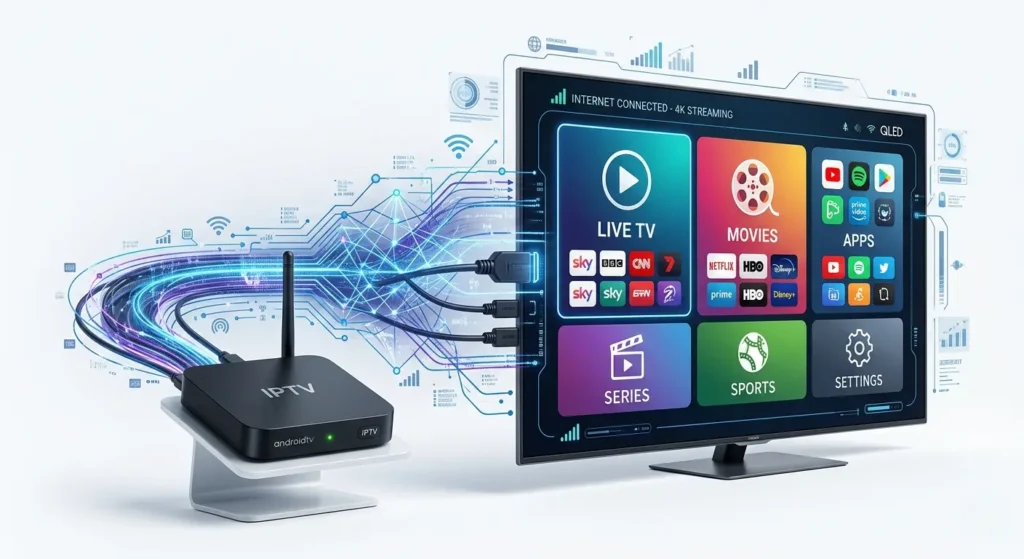 Box IPTV Android neben Fernseher mit Streaming Apps und Live-TV