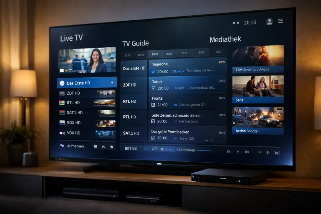 Nahaufnahme eines TV-Bildschirms mit der Horizon IPTV-Senderliste, Programmzeitschrift (EPG) und On-Demand-Menü.