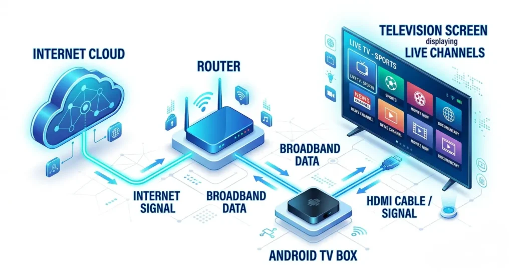 Diagramm zeigt IPTV Streaming vom Internet über Router zur Box IPTV Android und Fernseher