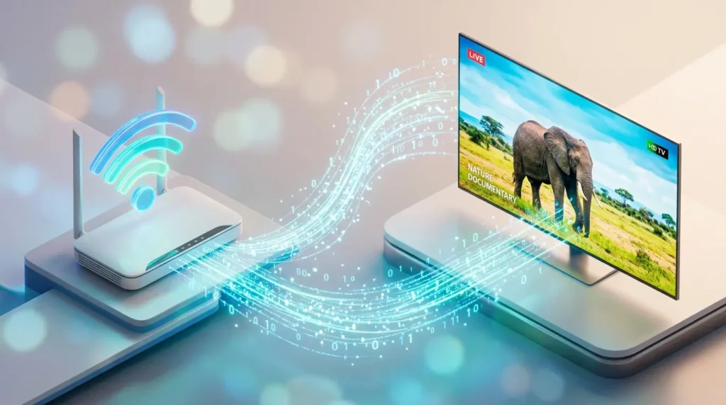 Isometriches Diagramm: Ein Internet-Router sendet leuchtende Datenströme drahtlos an einen Smart TV, der eine Naturdokumentation zeigt.