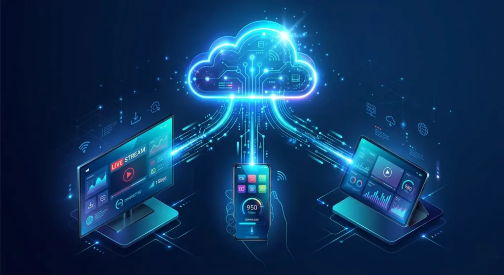 Eine 3D-Illustration, die zeigt, wie Internetdaten von einer Cloud auf Fernseher, Smartphones und Tablets gestreamt werden.